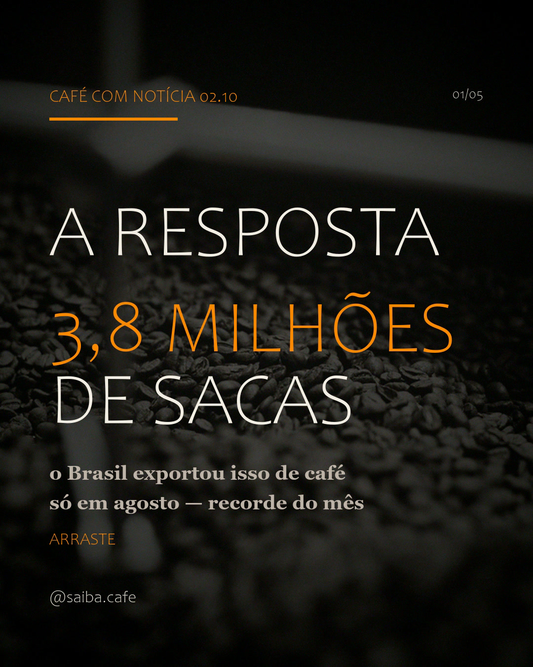 Capa do post: a frase 'A resposta: 3,8 milhões de sacas' em tipografia gigante sobre foto duotone de grãos de café